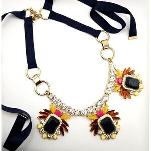 Banana Republic Regalia Chunky Statement Bib Necklace Navy Ribbons Gold Tone